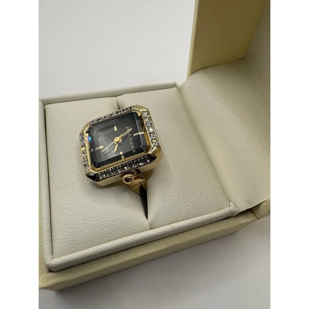 Anne Klein Women Watch Ring Gold-Tone Black Dial Square Crystal Bezel Box Gold